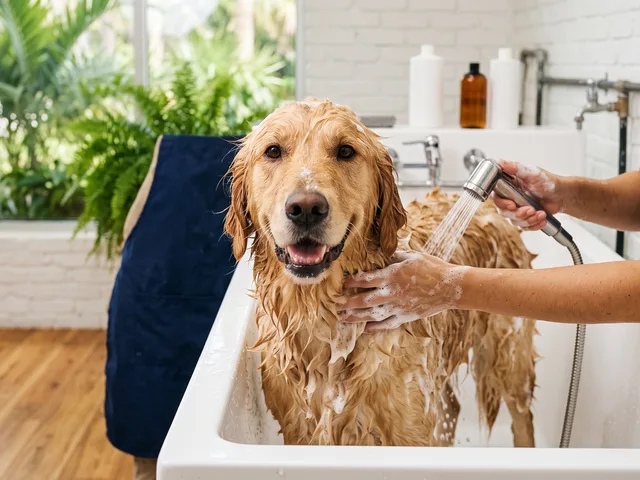 A wet Golden Retriever being shampooed in a grooming tub during a dog bath at Dog Crafters