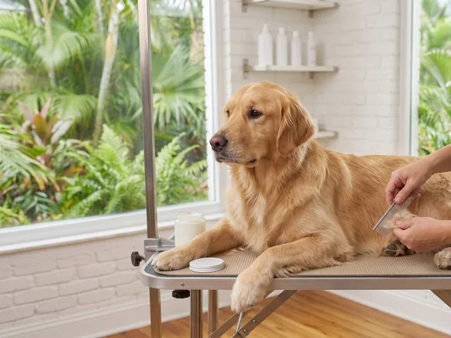 A groomer carefully working a mat out of a Golden Retriever's coat with a comb
