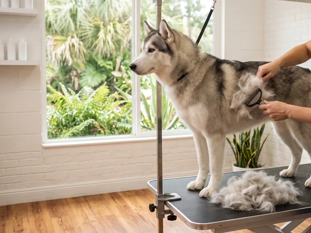 A groomer working an undercoat rake through a Siberian Husky's coat during a de-shed treatment
