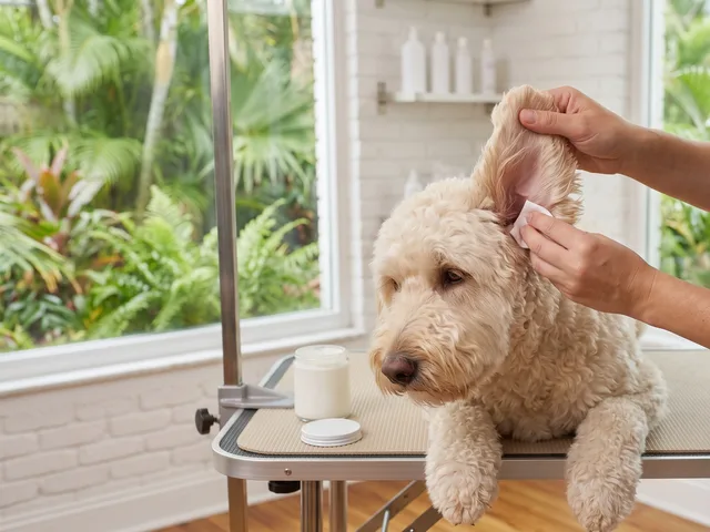 A groomer gently lifting a Goldendoodle's ear to clean inside it with a cotton pad