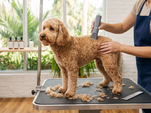 A Goldendoodle mid-haircut on the grooming table during a full groom