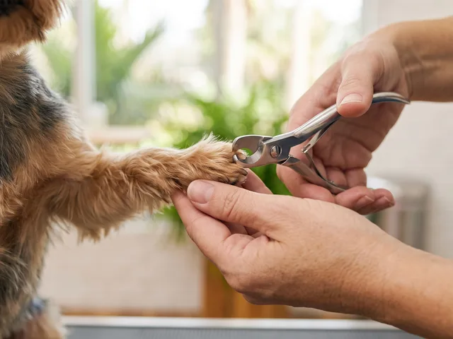 A close-up of a Yorkshire Terrier's paw being trimmed with nail clippers