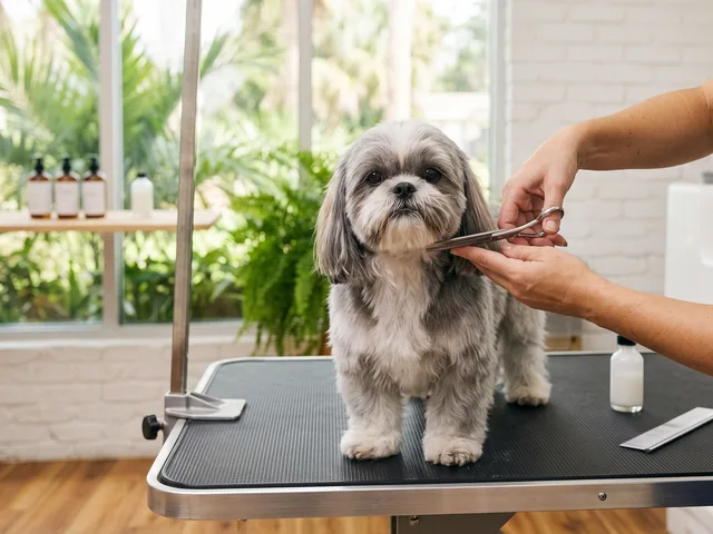 A groomer trimming a Shih Tzu's face with scissors during a partial groom
