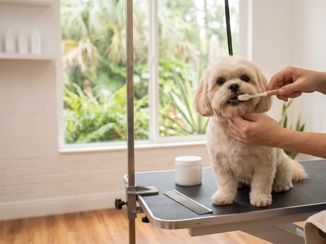 A groomer gently brushing a small dog's teeth with a dog toothbrush